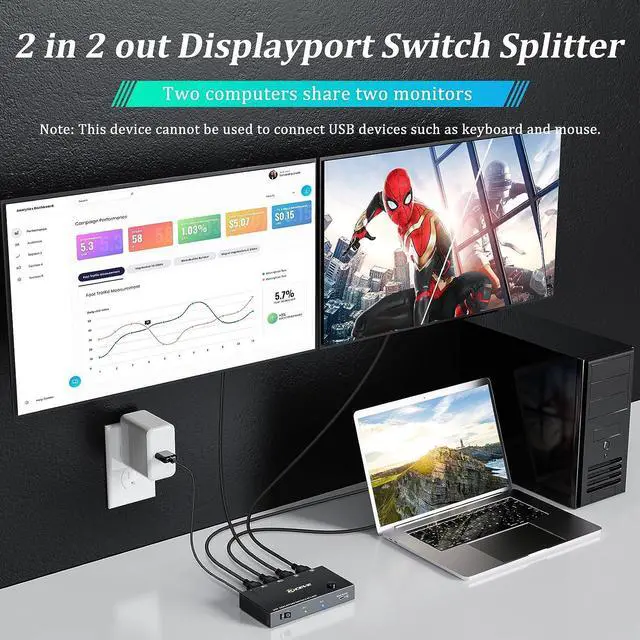 Alt view image 2 of 7 - MST Displayport Splitter Switch 2 in 2 Out 4K @60Hz, 2 Port Displayport Switcher for 2 Computers 2 Monitors, Support Extend and Mirror Mode for PCs with DP or USB C Port, Wired Remote Included