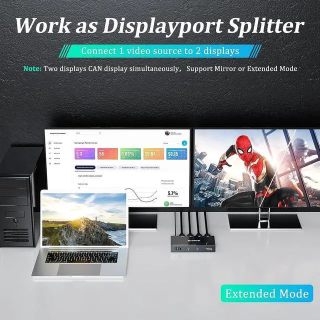 Alt view image 4 of 7 - MST Displayport Splitter Switch 2 in 2 Out 4K @60Hz, 2 Port Displayport Switcher for 2 Computers 2 Monitors, Support Extend and Mirror Mode for PCs with DP or USB C Port, Wired Remote Included