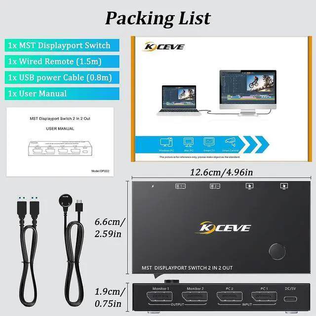 Alt view image 7 of 7 - MST Displayport Splitter Switch 2 in 2 Out 4K @60Hz, 2 Port Displayport Switcher for 2 Computers 2 Monitors, Support Extend and Mirror Mode for PCs with DP or USB C Port, Wired Remote Included