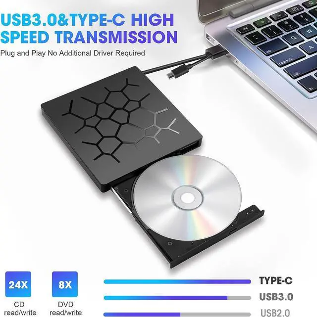 Alt view image 2 of 7 - External CD DVD Drive [7 in 1], USB 3.0 Type C Portable CD/DVD Rewriter Burner, Low Noise High Speed Data Transfer Drive, Slim Optical CD ROM Drive for Laptop Desktop PC Windows 7/8/11/10 Linux MacOS