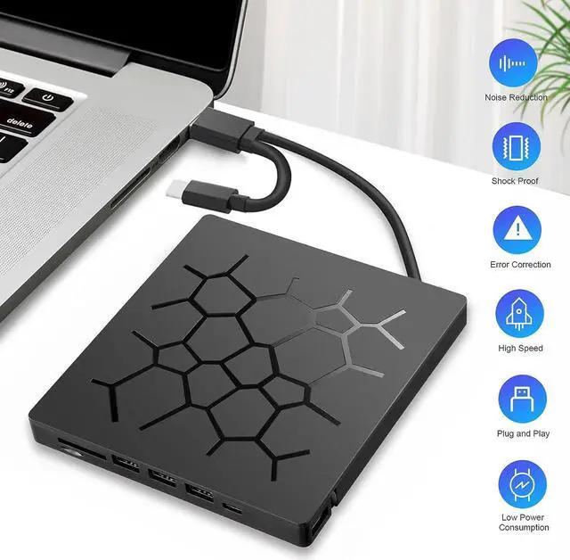 Alt view image 4 of 7 - External CD DVD Drive [7 in 1], USB 3.0 Type C Portable CD/DVD Rewriter Burner, Low Noise High Speed Data Transfer Drive, Slim Optical CD ROM Drive for Laptop Desktop PC Windows 7/8/11/10 Linux MacOS