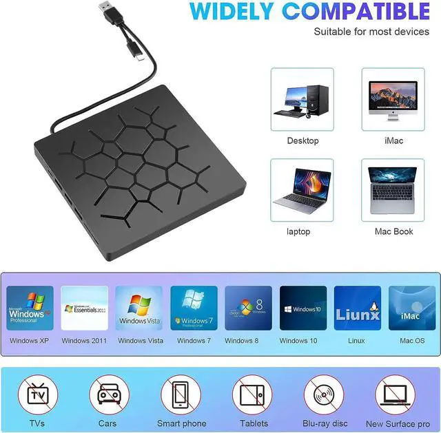 Alt view image 5 of 7 - External CD DVD Drive [7 in 1], USB 3.0 Type C Portable CD/DVD Rewriter Burner, Low Noise High Speed Data Transfer Drive, Slim Optical CD ROM Drive for Laptop Desktop PC Windows 7/8/11/10 Linux MacOS