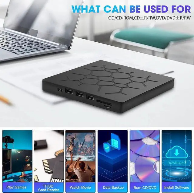 Alt view image 7 of 7 - External CD DVD Drive [7 in 1], USB 3.0 Type C Portable CD/DVD Rewriter Burner, Low Noise High Speed Data Transfer Drive, Slim Optical CD ROM Drive for Laptop Desktop PC Windows 7/8/11/10 Linux MacOS