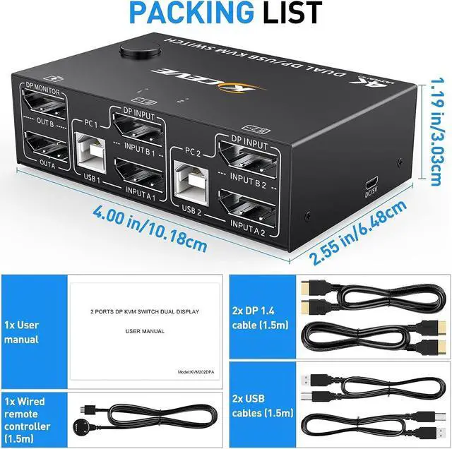 Alt view image 7 of 7 - Dual Monitor DisplayPort KVM Switch 8K@30Hz 4K@144Hz, USB DP KVM Switch for 2 PC 2 Monitors Supports DP1.4 Extended display, with 4 USB 2.0 ports for 2 PCs, with DP+USB cables and desktop controller