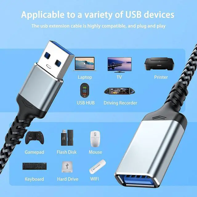 Alt view image 7 of 7 - [2 PACK] USB 3.0 Extension Cable 10ft / 3M, USB A Extension Cord Braided Extender, USB to USB Extender Cable Male to Female 5Gbps Fast Data Transfer for USB Keyboard Mouse Flash Drive Hard Drive