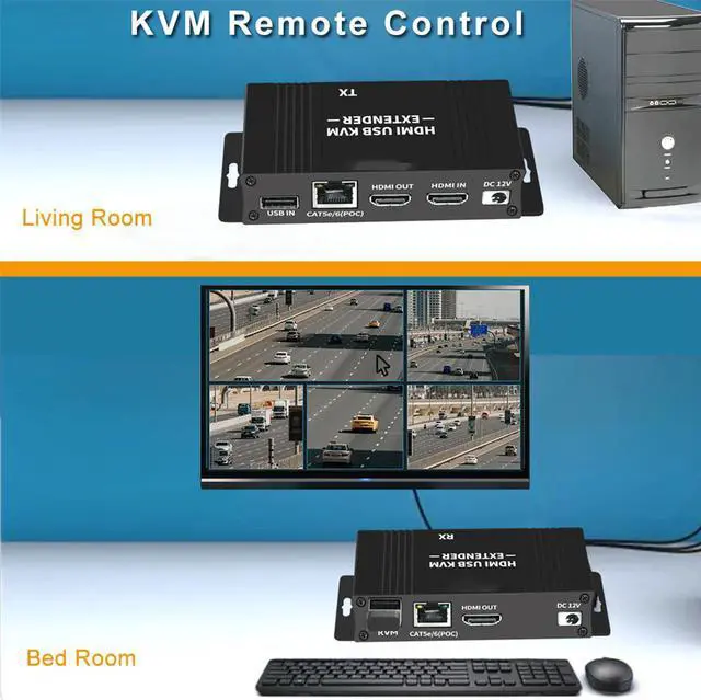 Alt view image 4 of 7 - 60M HDMI KVM USB Extender Over IP Over Ethernet 1080p HD Video Over Cat5e Cat6 Ethernet Cable 60M (196ft) for Mouse and Keyboard Control Remote Signals (Black)