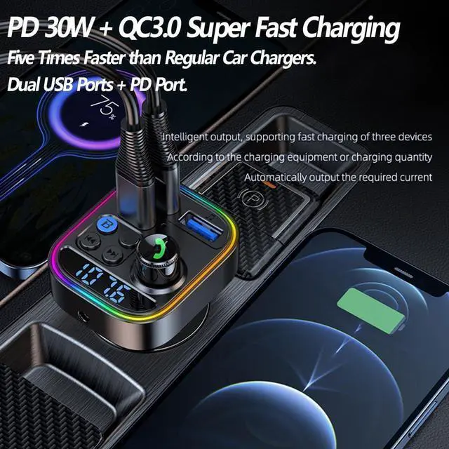 Alt view image 3 of 7 - Bluetooth 5.3 FM Transmitter for Car, Bluetooth Car Adapter with Type-C PD(30W) Car Charger and Dual USB Port,Wireless FM Radio Transmitter, Support MP3 Player, Handsfree Calling, LED Backlit, U Disk
