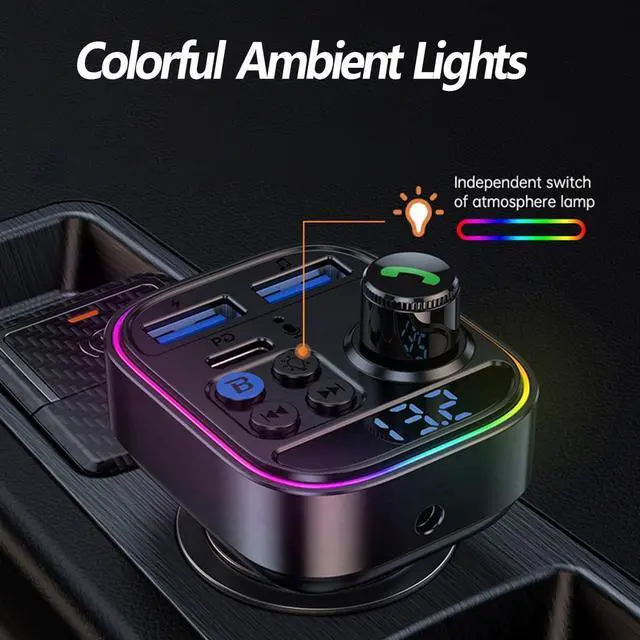 Alt view image 6 of 7 - Bluetooth 5.3 FM Transmitter for Car, Bluetooth Car Adapter with Type-C PD(30W) Car Charger and Dual USB Port,Wireless FM Radio Transmitter, Support MP3 Player, Handsfree Calling, LED Backlit, U Disk