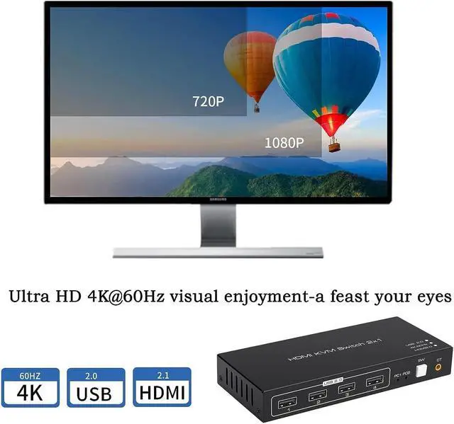 Alt view image 2 of 7 - 4K @60Hz HDMI USB Switch KVM Switcher fo 2 PCs 1 Monitor, 2 in 1 Out HDMI KVM Switcher Keyboard Mouse Printer Selector Switching for Desktop Computer Shared USB B 2 in 4 Out USB HUB Manual Switching