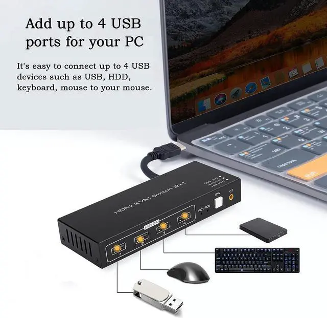 Alt view image 6 of 7 - 4K @60Hz HDMI USB Switch KVM Switcher fo 2 PCs 1 Monitor, 2 in 1 Out HDMI KVM Switcher Keyboard Mouse Printer Selector Switching for Desktop Computer Shared USB B 2 in 4 Out USB HUB Manual Switching