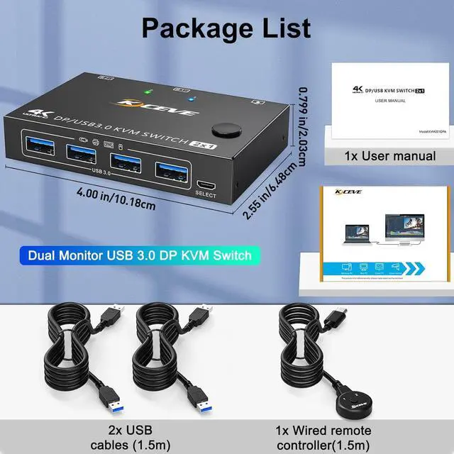 Alt view image 7 of 7 - USB 3.0 KVM Switch Displayport 8K@30Hz 4K@120Hz, 2 Port Displayport KVM Switch 2 PC 1 Monitor Support DP1.4 Compatible with D1.2, DP KVM Switch 2 in 1 Out Includes 2 USB3.0 Cables and Wired Controller