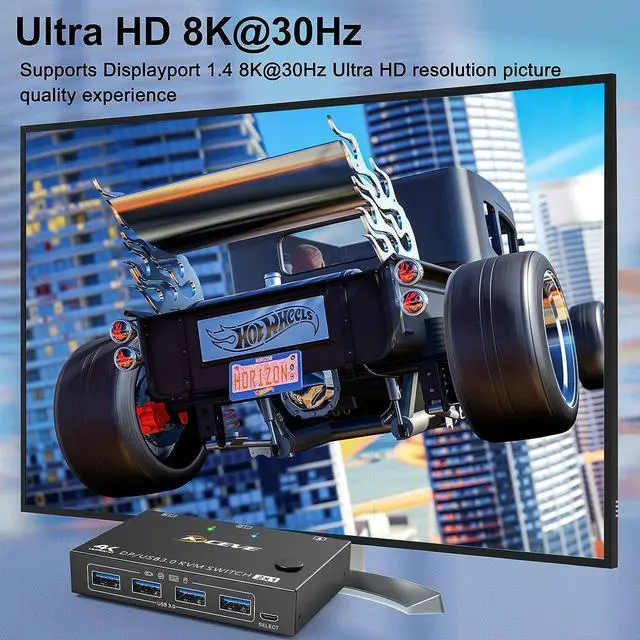 Alt view image 3 of 7 - USB 3.0 KVM Switch Displayport 8K@30Hz 4K@120Hz, 2 Port Displayport KVM Switch 2 PC 1 Monitor Support DP1.4 Compatible with D1.2, DP KVM Switch 2 in 1 Out Includes 2 USB3.0 Cables and Wired Controller