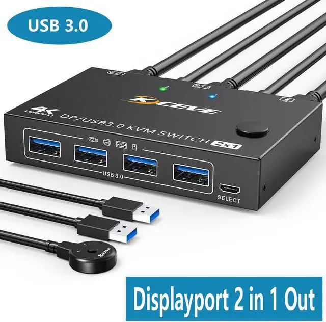 Main image of USB 3.0 KVM Switch Displayport 8K@30Hz 4K@120Hz, 2 Port Displayport KVM Switch 2 PC 1 Monitor Support DP1.4 Compatible with D1.2, DP KVM Switch 2 in 1 Out Includes 2 USB3.0 Cables and Wired Controller