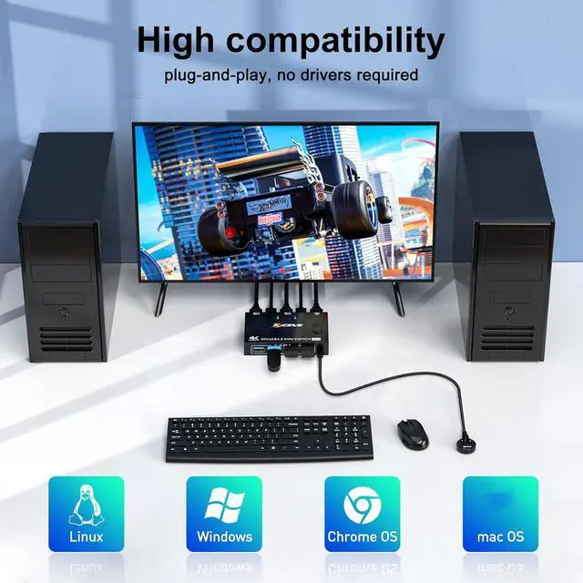 Alt view image 4 of 7 - USB 3.0 KVM Switch Displayport 8K@30Hz 4K@120Hz, 2 Port Displayport KVM Switch 2 PC 1 Monitor Support DP1.4 Compatible with D1.2, DP KVM Switch 2 in 1 Out Includes 2 USB3.0 Cables and Wired Controller