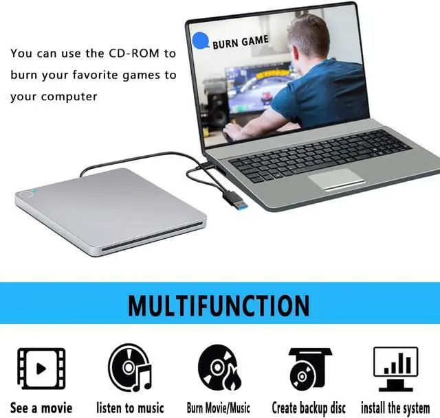 Alt view image 4 of 7 - External CD DVD Drive, USB 3.0 & Type-C Portable CD DVD RW Drive Slim DVD/CD ROM Rewriter Burner Writer High Speed Data Transfer, Slot-in CD/DVD Drive for Laptop/MacBook/Desktop/MacOS