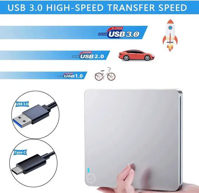 Alt view image 2 of 7 - External CD DVD Drive, USB 3.0 & Type-C Portable CD DVD RW Drive Slim DVD/CD ROM Rewriter Burner Writer High Speed Data Transfer, Slot-in CD/DVD Drive for Laptop/MacBook/Desktop/MacOS