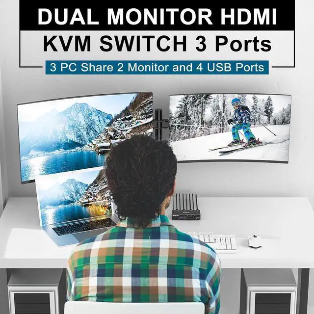 Alt view image 3 of 7 - USB 3.0 HDMI KVM Switch for 3 PC 2 Monitors, EDID Emulator, 4K@60Hz Extended Display, HDMI 2.0 Dual Monitor KVM Switch 3 PC Share Wireless Keyboard, Mouse, Printer, with Wired Remote and 5 Cables