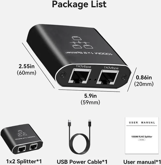 Alt view image 7 of 7 - Ethernet Splitter 1 to 2 High Speed,  RJ45 Network 1 to 2 Port Ethernet Adapter Splitter [2 Devices Simultaneous Networking],1000Mbps Extension Connector with USB Power Cable for Cat5/5e/6/7/8 Cable