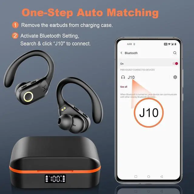 Alt view image 6 of 7 - Wireless Earbuds Bluetooth 5.3 Headphones Stereo Bass, ENC Noise Cancelling Mic HD Call, Over Ear buds with Soft Earhooks for Sports, 48H Playtime LED Display, IP7 Waterproof Earphones for Android IOS