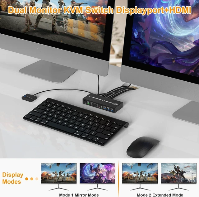 Alt view image 4 of 7 - USB 3.0 KVM Switch Displayport+HDMI 2 Monitors 4 Computers, 4K@60Hz Dual Monitor KVM Switch with Audio Microphone Output and 3 USB 3.0 Ports, 4 Port HDMI+DP Monitor Switch for 4 PCs 2 Monitors