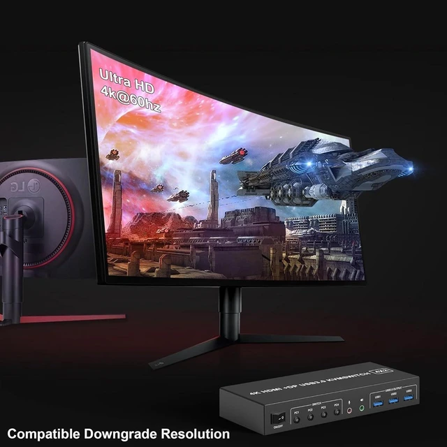 Alt view image 5 of 7 - USB 3.0 KVM Switch Displayport+HDMI 2 Monitors 4 Computers, 4K@60Hz Dual Monitor KVM Switch with Audio Microphone Output and 3 USB 3.0 Ports, 4 Port HDMI+DP Monitor Switch for 4 PCs 2 Monitors
