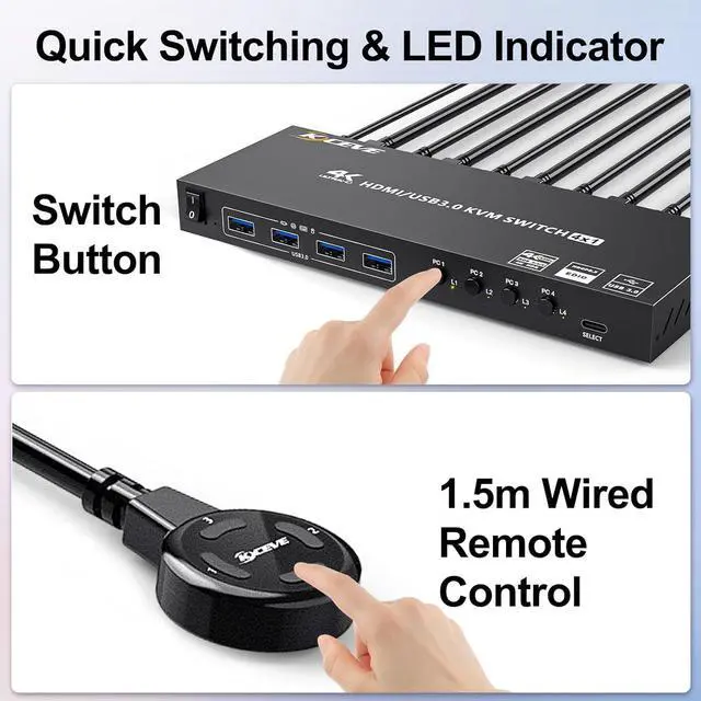 Alt view image 3 of 7 - USB 3.0 HDMI KVM Switch 4 Port Support 4K@60Hz 2K@120Hz RGB 4:4:4 Simulation EDID, HDMI KVM Switch 4 in 1 Out with 4 USB 3.0 Port for Keyboard Mouse Printer,with Controller, USB 3.0 and HD-MI Cable