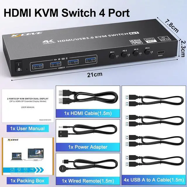 Alt view image 7 of 7 - USB 3.0 HDMI KVM Switch 4 Port Support 4K@60Hz 2K@120Hz RGB 4:4:4 Simulation EDID, HDMI KVM Switch 4 in 1 Out with 4 USB 3.0 Port for Keyboard Mouse Printer,with Controller, USB 3.0 and HD-MI Cable