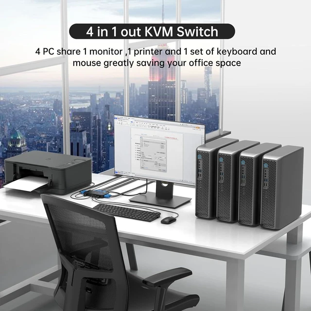 Alt view image 2 of 6 - HDMI KVM Switches 4 Port 4K@60Hz, 4 in 1 Out HDMI KVM Switch Share USB 2.0 Devices with 4 USB Hubs, 4 Computers 1 Monitor Share Keyboard Mouse Printer, Including 4 USB Cables and 4 HD-MI 2.0 Cable