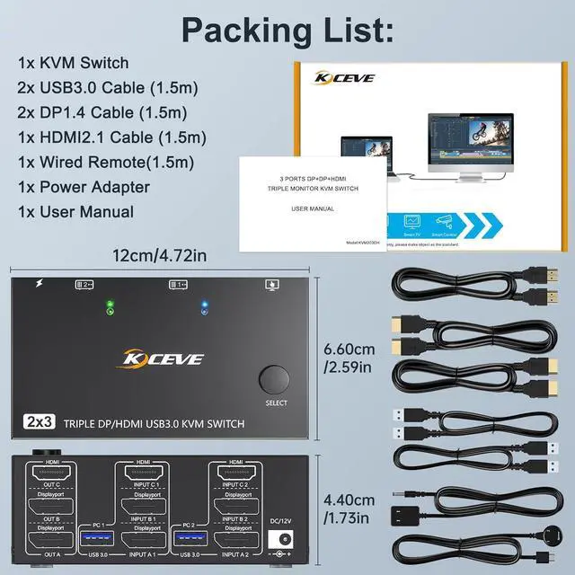 Alt view image 7 of 7 - Triple Monitor KVM Switch 3 Monitors 2 Computers 8K@60Hz 4K@144Hz, HDMI + 2 Displayport KVM Switch Triple Monitor for PC, Laptop Share 3 Monitors and 4 USB 3.0 Device, with Wired Remote and 5 Cables