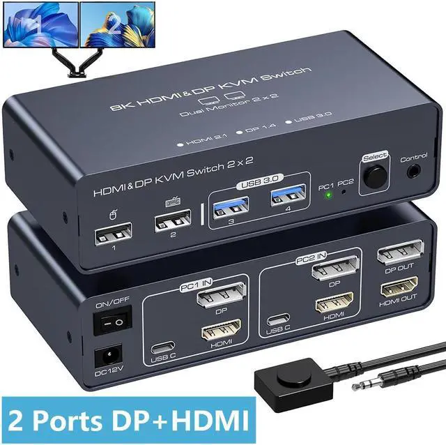 Main image of 2 Port HDMI+ Displayport Dual Monitor KVM Switch 2 in 2 Out, 8K60HZ 4K120HZ Aluminium KVM Switch Dual Monitor 2 Port for 2 Computers Share 2 Monitors and 4 USB Ports Support DP1.4 HDMI2.1