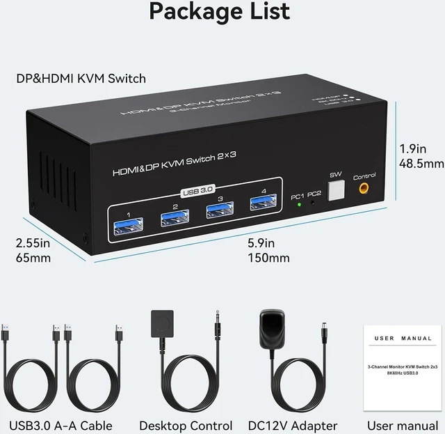 Alt view image 7 of 7 - 2 Displayport + HDMI KVM Switch 2 PC 3 Monitors, 4K144Hz 8K60Hz Triple Monitor KVM Switches for 2 Computers Share 3 Monitors with 4 USB 3.0 Ports Includes 2 USB 3.0 Cables and External Wired Control