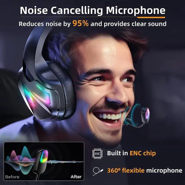 Alt view image 3 of 7 - Wired Gaming Headset for PS5, PS4, PC, Stereo Surround Sound Gaming Headphones with Noise Cancelling Microphone, Over-Ear Gamer Headset with 4 Mode RGB Light for Laptop Mac Switch XboxOne (Black)