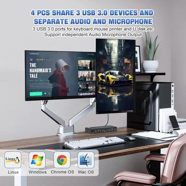 Alt view image 4 of 7 - 8K@60Hz Displayport USB 3.0 KVM Switch for 2 Monitors 4 Computers 8K@60Hz 4K@144Hz, DP1.4 Dual Monitor Displayport KVM Switch 4 Port with Audio Output and 3 USB 3.0, 8K DP Monitor KVM Switch for 4 PCs