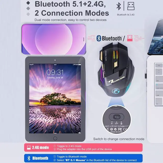 Alt view image 2 of 7 - Wireless Gaming Mouse, 1200-2400-3200 DPI, [Bluetooth 5.1 + 2.4G RF] Dual Mode Wireless Mouse, Rechargeable 7 Keys Silent Mouse, 7-color Breathing LED Wireless Mouse for Laptop, PC Computer, MacOS