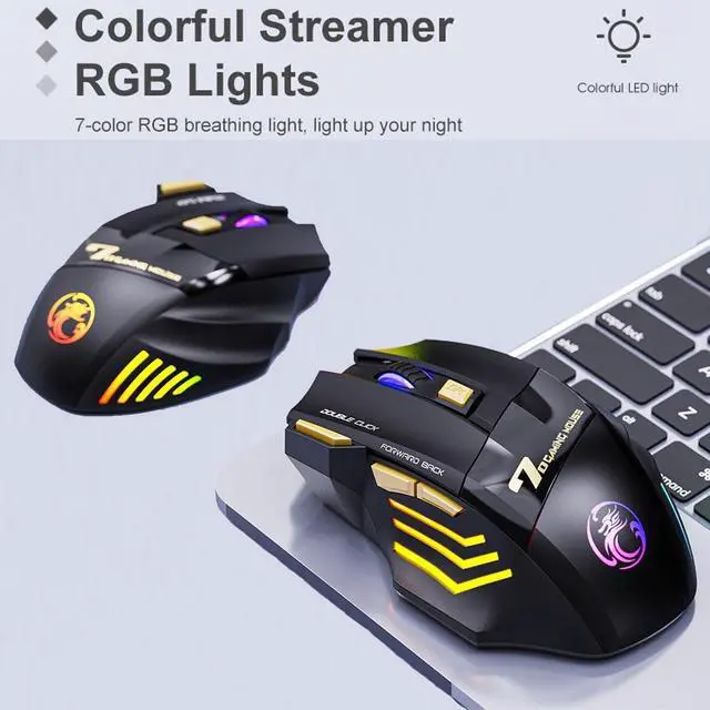 Alt view image 5 of 7 - Wireless Gaming Mouse, 1200-2400-3200 DPI, [Bluetooth 5.1 + 2.4G RF] Dual Mode Wireless Mouse, Rechargeable 7 Keys Silent Mouse, 7-color Breathing LED Wireless Mouse for Laptop, PC Computer, MacOS