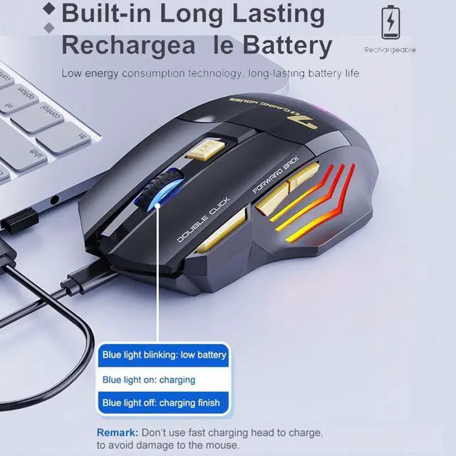 Alt view image 4 of 7 - Wireless Gaming Mouse, 1200-2400-3200 DPI, [Bluetooth 5.1 + 2.4G RF] Dual Mode Wireless Mouse, Rechargeable 7 Keys Silent Mouse, 7-color Breathing LED Wireless Mouse for Laptop, PC Computer, MacOS