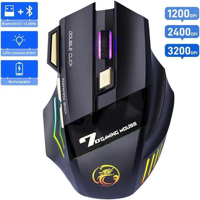Main image of Wireless Gaming Mouse, 1200-2400-3200 DPI, [Bluetooth 5.1 + 2.4G RF] Dual Mode Wireless Mouse, Rechargeable 7 Keys Silent Mouse, 7-color Breathing LED Wireless Mouse for Laptop, PC Computer, MacOS