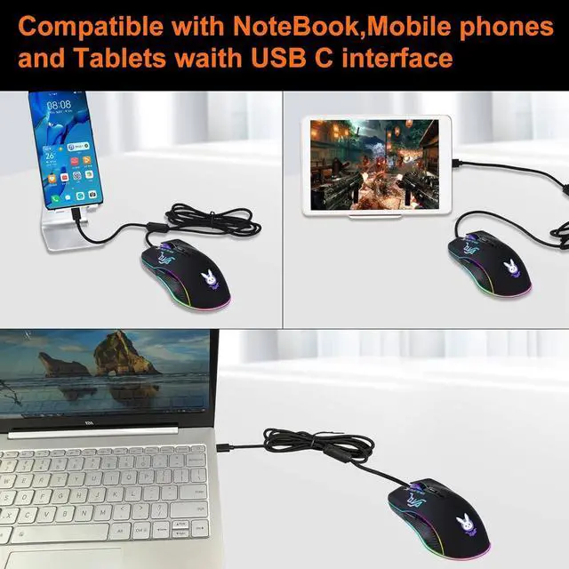 Alt view image 4 of 7 - USB C Wired Gaming Mouse,12 Colors RGB Backlit Optical Game Mice Ergonomic Type-C Wired with 7200 DPI and 7 Buttons for Computer/Win/Mac/Linux/Andriod/iOS
