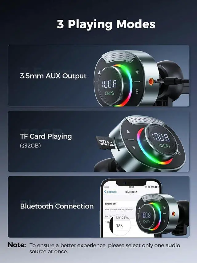 Alt view image 4 of 7 - Bluetooth 5.3 FM Transmitter for Car - Bluetooth Car Adapter with Big Mic Bass Stereo Hi-Fi Sound, PD30W QC18W FM Bluetooth Transmitter Car Charger Support Hands-Free Calls, Aux Out, TF Card