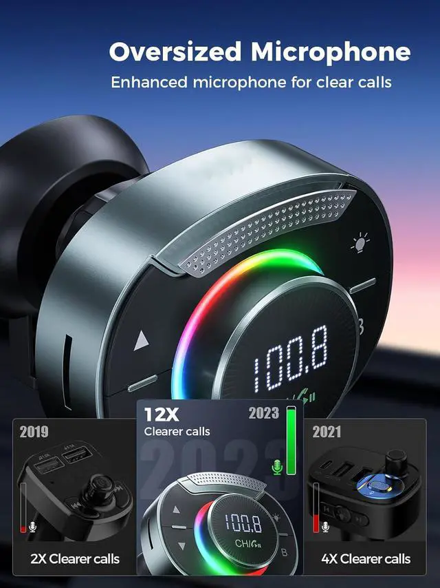 Alt view image 2 of 7 - Bluetooth 5.3 FM Transmitter for Car - Bluetooth Car Adapter with Big Mic Bass Stereo Hi-Fi Sound, PD30W QC18W FM Bluetooth Transmitter Car Charger Support Hands-Free Calls, Aux Out, TF Card