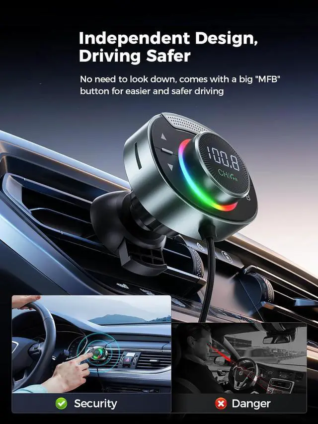 Alt view image 7 of 7 - Bluetooth 5.3 FM Transmitter for Car - Bluetooth Car Adapter with Big Mic Bass Stereo Hi-Fi Sound, PD30W QC18W FM Bluetooth Transmitter Car Charger Support Hands-Free Calls, Aux Out, TF Card