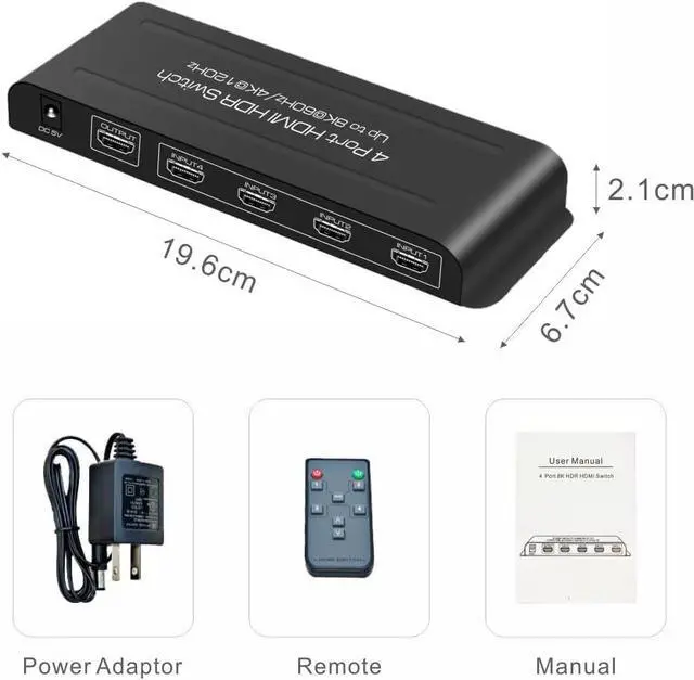 Alt view image 7 of 7 - 4 Port HDMI 2.1 Switch 4K@120Hz 8K@60Hz, 48Gbps transfer rate, HDMI Switcher 4 in 1 Out Support PS-5, X-box Series X, HDR10+, Do-lby Vision Do-l-by At-mos