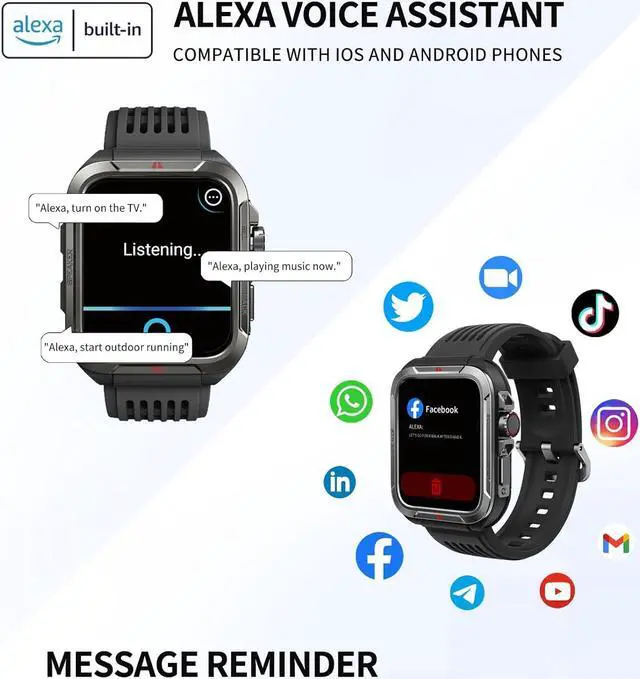 Alt view image 6 of 7 - Smart Watch, 1.8" Touch Screen Smartwatch with Alexa Built-in IP68 Waterproof, Fitness Tracker Watch with 100+ Sports Modes Heart Rate/Blood Oxygen/Stress/Sleep Monitor for Men and Women (Black)