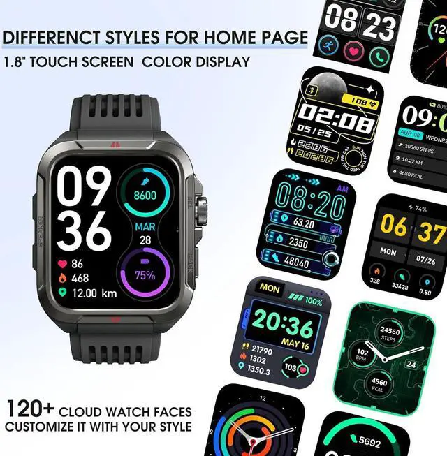 Alt view image 2 of 7 - Smart Watch, 1.8" Touch Screen Smartwatch with Alexa Built-in IP68 Waterproof, Fitness Tracker Watch with 100+ Sports Modes Heart Rate/Blood Oxygen/Stress/Sleep Monitor for Men and Women (Black)