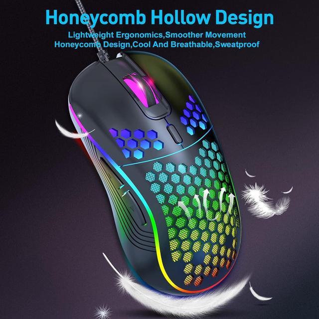 Honeycomb Wired Gaming Mouse, 4 Adjustable DPI Up to 7200, RGB Backlight,  Lightweight and Ergonomic USB Computer Mouse with High Precision Optical