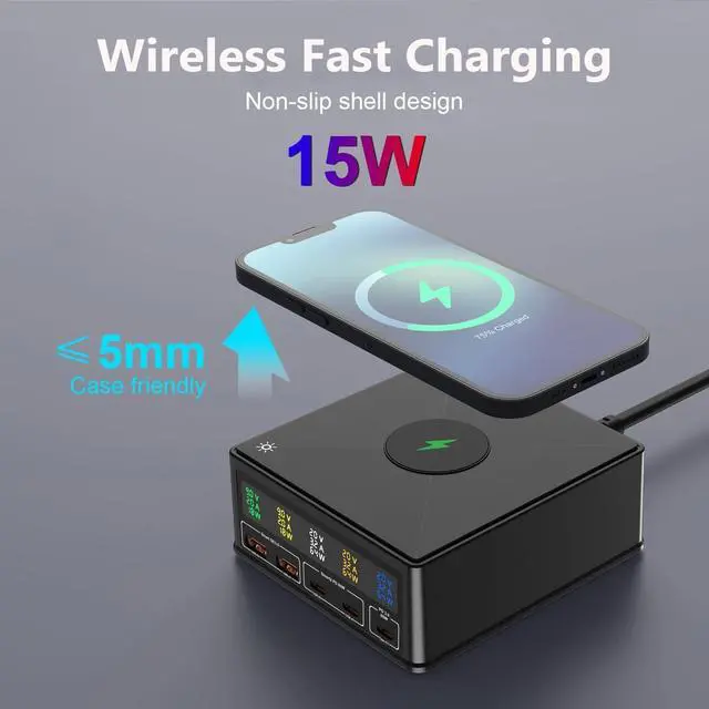 Alt view image 4 of 6 - 160W USB C GaN Charger, 65W 5-Ports PD 3.0 USB C Fast Charging Station, Desktop Wireless Charger USB C Power Adapter Hub with LCD Display for Mac-Book Pro Air i-P-hone i-Pad Android Smartphones etc.
