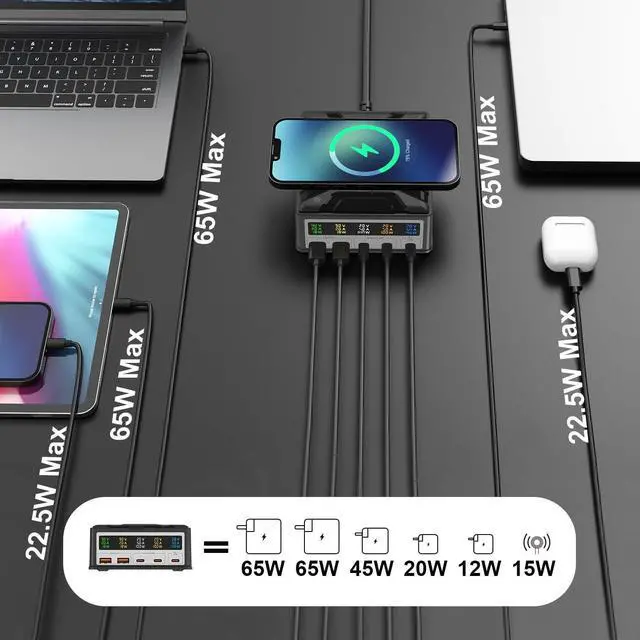 Alt view image 3 of 6 - 160W USB C GaN Charger, 65W 5-Ports PD 3.0 USB C Fast Charging Station, Desktop Wireless Charger USB C Power Adapter Hub with LCD Display for Mac-Book Pro Air i-P-hone i-Pad Android Smartphones etc.