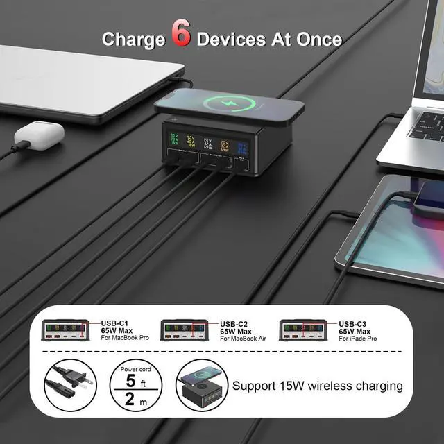 Alt view image 5 of 6 - 160W USB C GaN Charger, 65W 5-Ports PD 3.0 USB C Fast Charging Station, Desktop Wireless Charger USB C Power Adapter Hub with LCD Display for Mac-Book Pro Air i-P-hone i-Pad Android Smartphones etc.