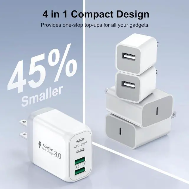 Alt view image 5 of 7 - [2-Pack] 40W USB C Wall Plug, 4 Port Fast Charging Block PD 3.0 Multi Port Type C Adapter Cube for i-Phone 15/13/13pro/12/12pro/XR/SE, i-Pad Pro/Mini/Air, Google Pixel/Pixel 3a/ XL/3/2XL