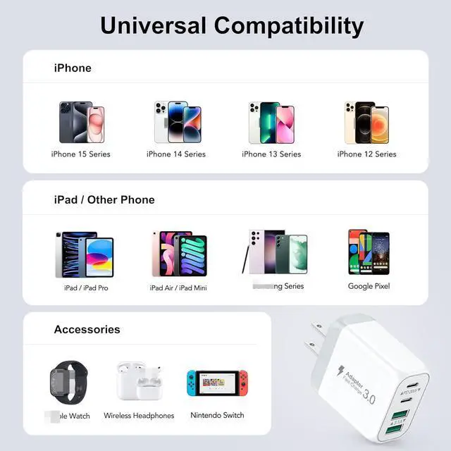 Alt view image 4 of 7 - [2-Pack] 40W USB C Wall Plug, 4 Port Fast Charging Block PD 3.0 Multi Port Type C Adapter Cube for i-Phone 15/13/13pro/12/12pro/XR/SE, i-Pad Pro/Mini/Air, Google Pixel/Pixel 3a/ XL/3/2XL